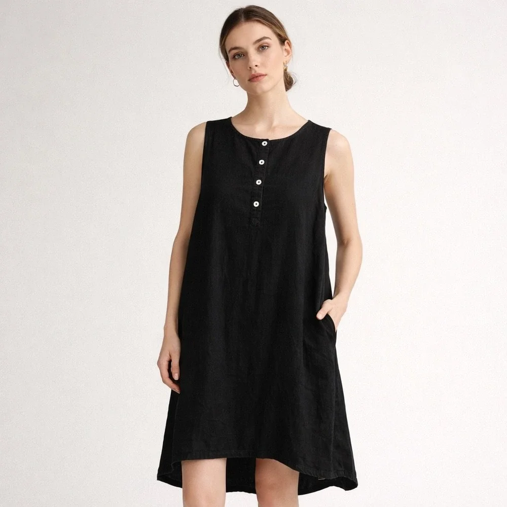 Bryn Walker Linen Shift Dress Women L Black‎ Sleeveless High-Low Hem Pockets